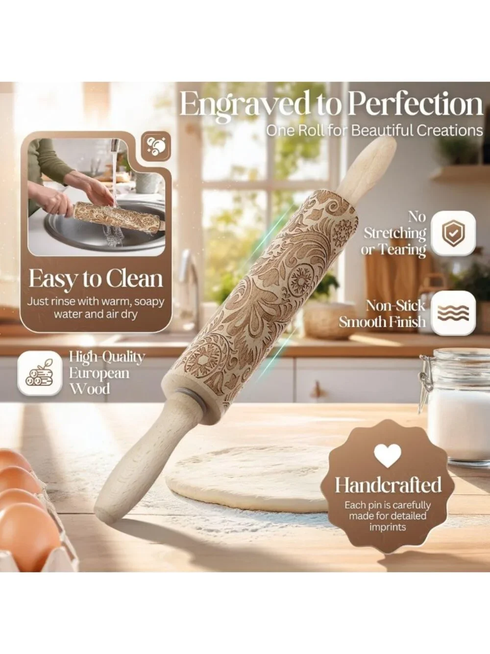 Engraved Wooden Rolling Pin with Snowflake & Flower Patterns for Baking Pastry